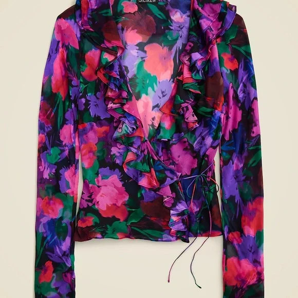J. Crew Ruffle wrap top in dark floral chiffon blend - Picture 2 of 3